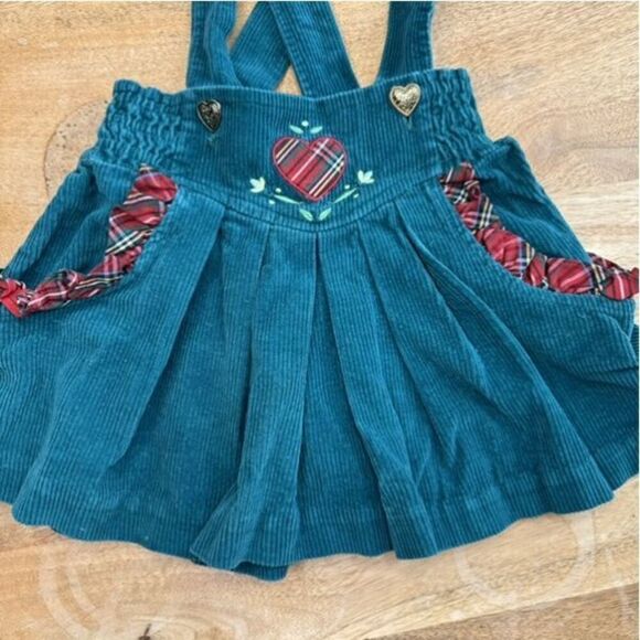 Vintage 80s Green & Red Corduroy Girls Dress Criss Cross Toddler Size 2 Cotton - Picture 3 of 7